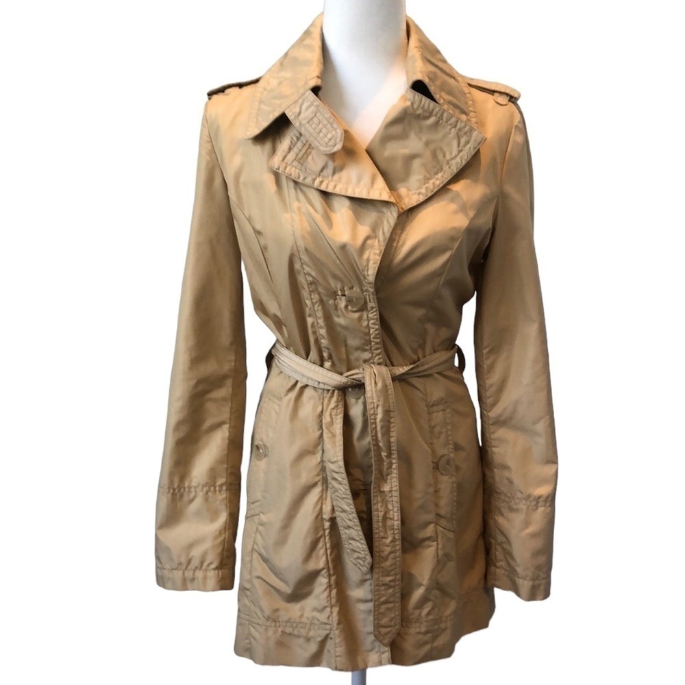 Postcard Bergdorf Goodman Tan Gold Belted Collared Lined Trench Coat Jacket 6